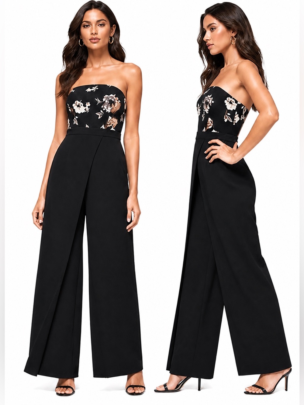 White House Black Market Strapless Floral Jumpsuit Black Wide Leg Size 2
